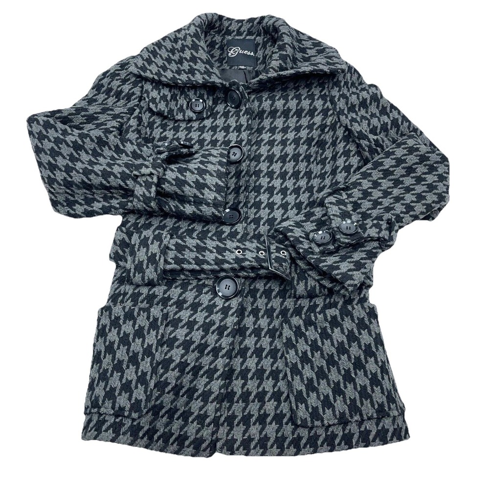 Guess Jacket Women Small‎ Black Grey Houndstooth Plaid Wool Blend Belted Peacoat